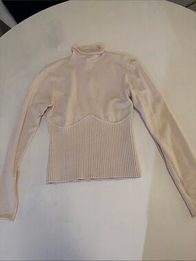 Zara Cream Ribbed Waist Mock Neck Sweater Top